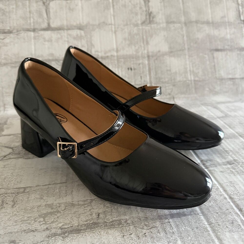 NWOB Trary Black Patent Leather Chunky Block Heel Round Toe Mary Jane Pumps Sz 9 - Picture 2 of 12
